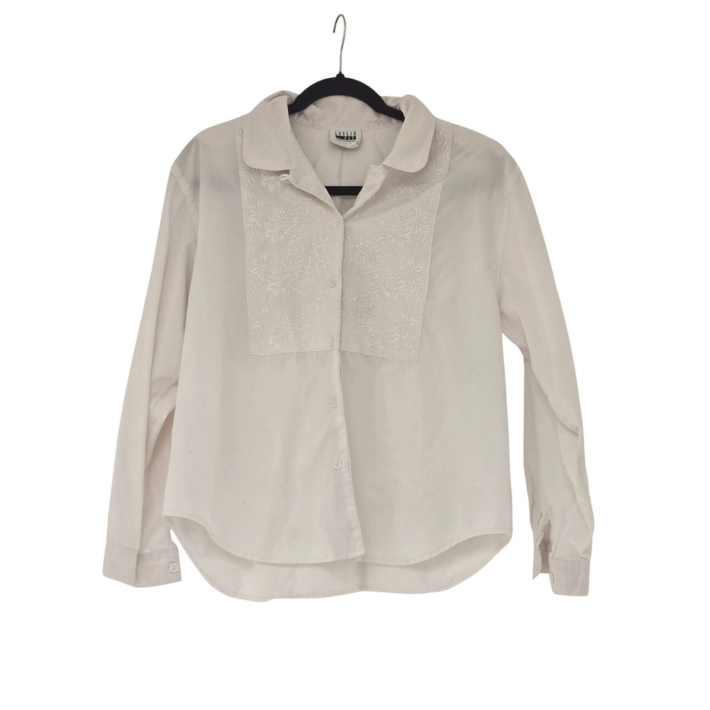 Minor Flaws Leslie Fay Petite White Embroidered Bib Button Down Blouse Size 16P